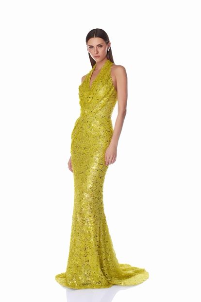 Gelbes  glitzerndes Abendkleid mit V Ausschnitt